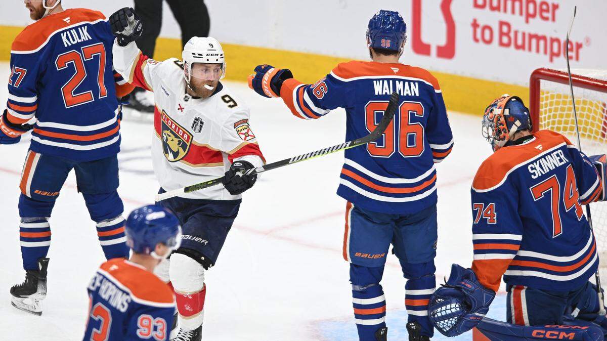 Jun 4, 2025; Edmonton, Alberta, CAN; Florida Panthers center Sam Bennett (9) reacts after scoring a goal against Edmonton Oilers goaltender Stuart Skinner (74) during the first period in game one of the 2025 Stanley Cup Final at Rogers Place.