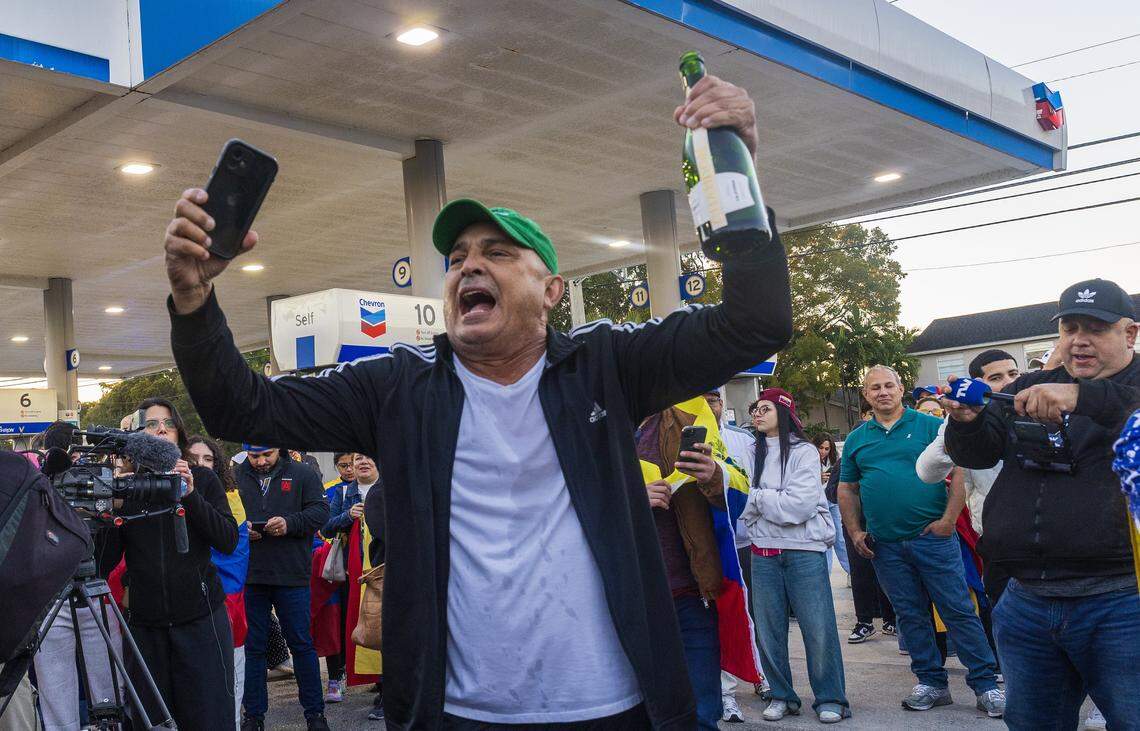 Cuban exile Rigoberto Martinez joined a group of Venezuelan exiles living in South Florida celebrating outside of El Arepazo in Doral, Florida, after the United States attacked Venezuela and captured Venezuelan leader Nicolás Maduro, on Jan. 3, 2026.