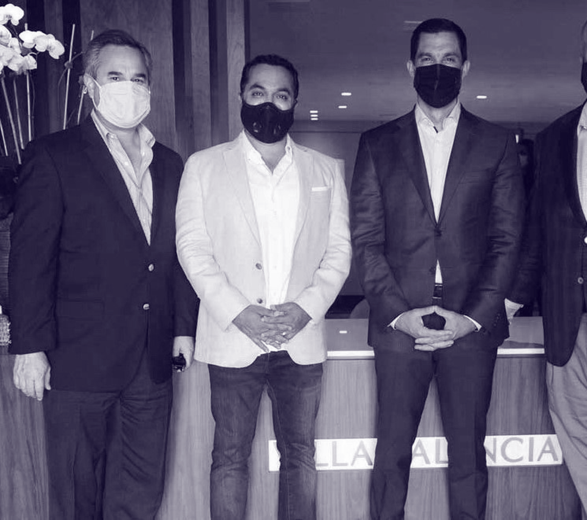 Mario Garcia-Serra, left, who lobbied for the 1505 Ponce project, Rishi Kapoor and Vince Lago pose for a photo during an event for Kapoor’s previous project, Villa Valencia, in February 2021.