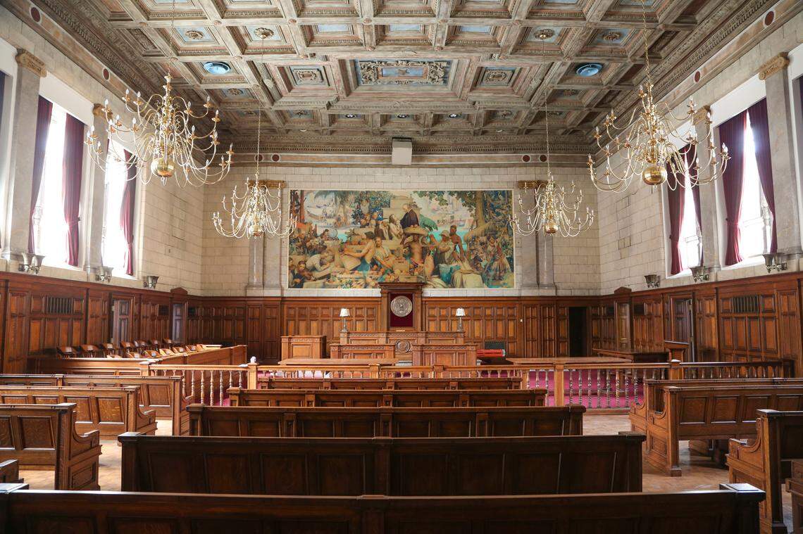 The ornate central courtroom with a mural by Denman Fink in the David W. Dyer federal building in 2015.