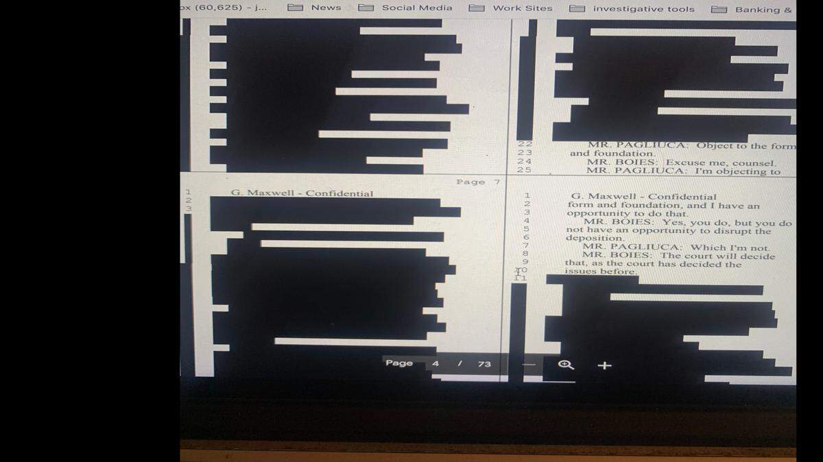 A page of Ghislaine Maxwell’s deposition, with redactions. The Miami Herald has been fighting in court to get the files unsealed.