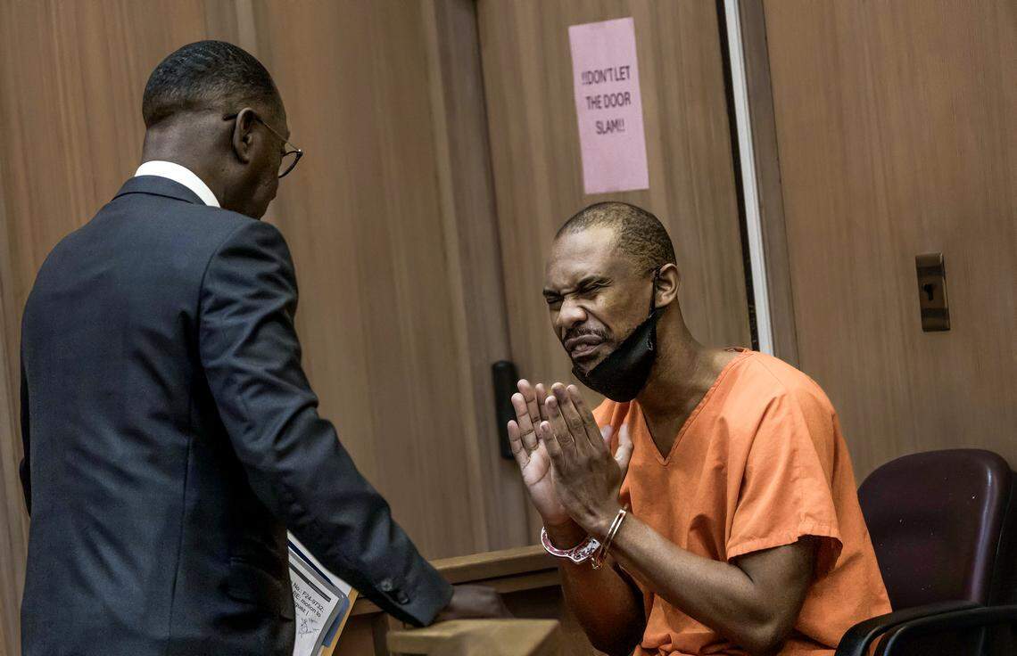 Defendant Maiky Simeon reacts as he talks with Defense attorney Larry Handfield during a plea hearing as he is accused in the deaths of five young people in a wrong-way crash on the Palmetto Expressway in 2022, at the Gerstein Justice Building, in Miami on Friday, April 24, 2026.