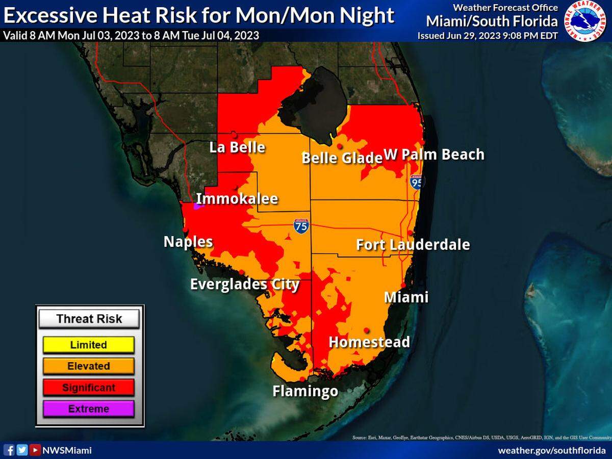 The heat index, or how the temperature feels, may reach up to 105 degrees in parts of South Florida during the Independence Day weekend.