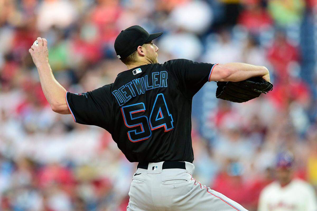 Miami Marlins’ Ross Detwiler in action during a baseball game against the Philadelphia Phillies, Friday, July 16, 2021, in Philadelphia. (AP Photo/Derik Hamilton)