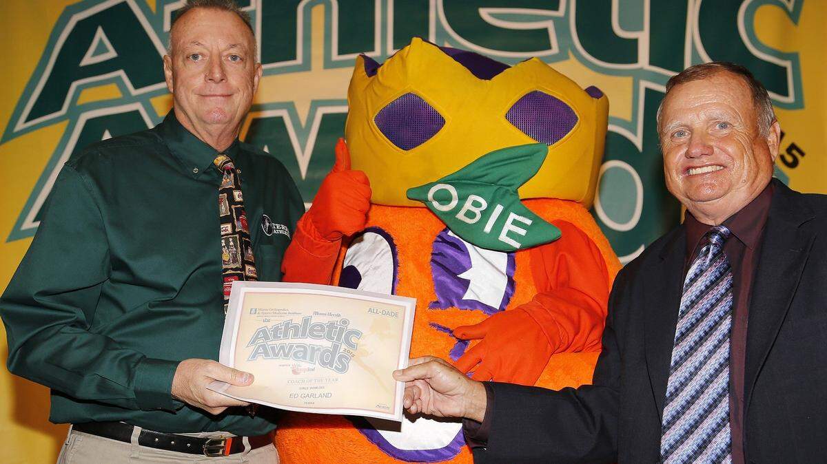 Girls’ Bowling Coach of the Year Ed Garland of TERRA accepts his award as Miami Herald held its Athletics Awards 2015 All-Dade at Jungle Island on Wednesday, May 20, 2015.