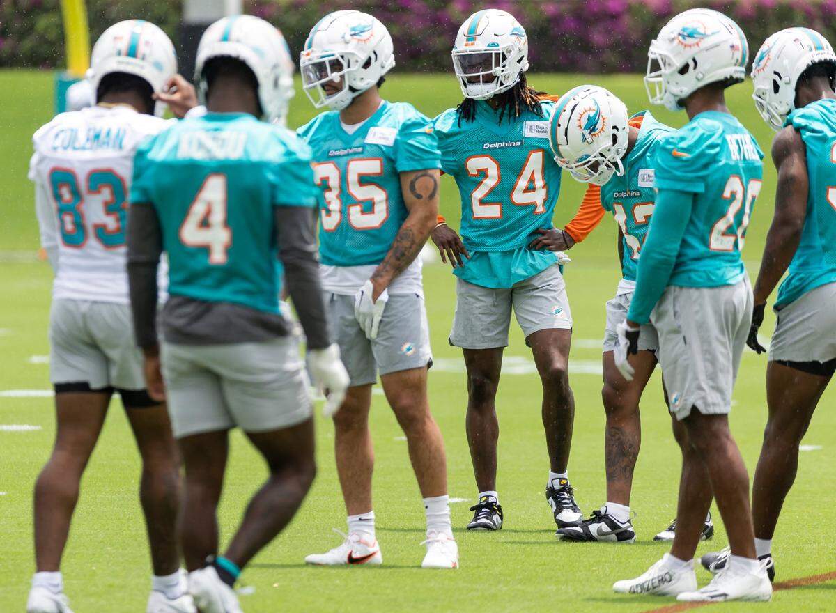 Miami Dolphins cornerback Cam Smith (24) attends team practice at the Baptist Health Training Complex on Tuesday, May 23, 2023, in Miami Gardens, Fla.