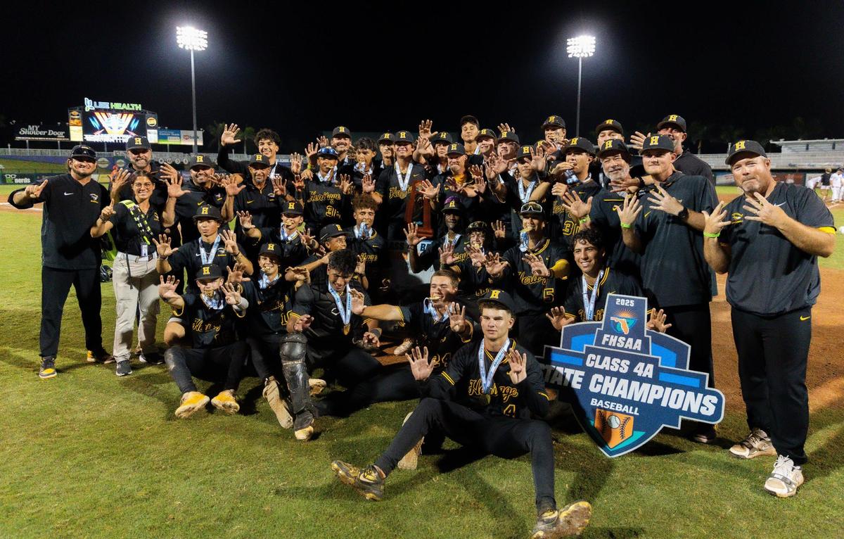 American Heritage Patriots baseball team celebrates winning the baseball championship game of their Class 4A, against the Mulberry Panthers at Hammond Stadium on Tuesday, May 20, 2025, in Fort Myers, Fla.