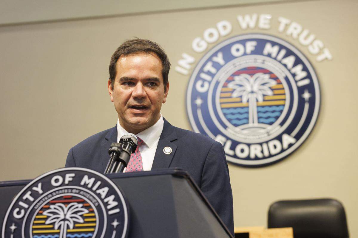 Commissioner Ralph Rosado speaks during a press conference he held with Miami Mayor Francis Suarez to provide funding for enrollment in the “Fast Track to Citizenship” course for Miami residents on Monday, July 28, 2025, at Miami City Hall in Coconut Grove.