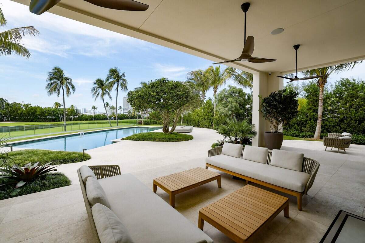 One of the private pool areas at The Mansions, an exclusive 2.5-acre enclave of newly built, freestanding mega-mansions on Fisher Island on Miami Beach, Florida, on Wednesday, June 10, 2026.