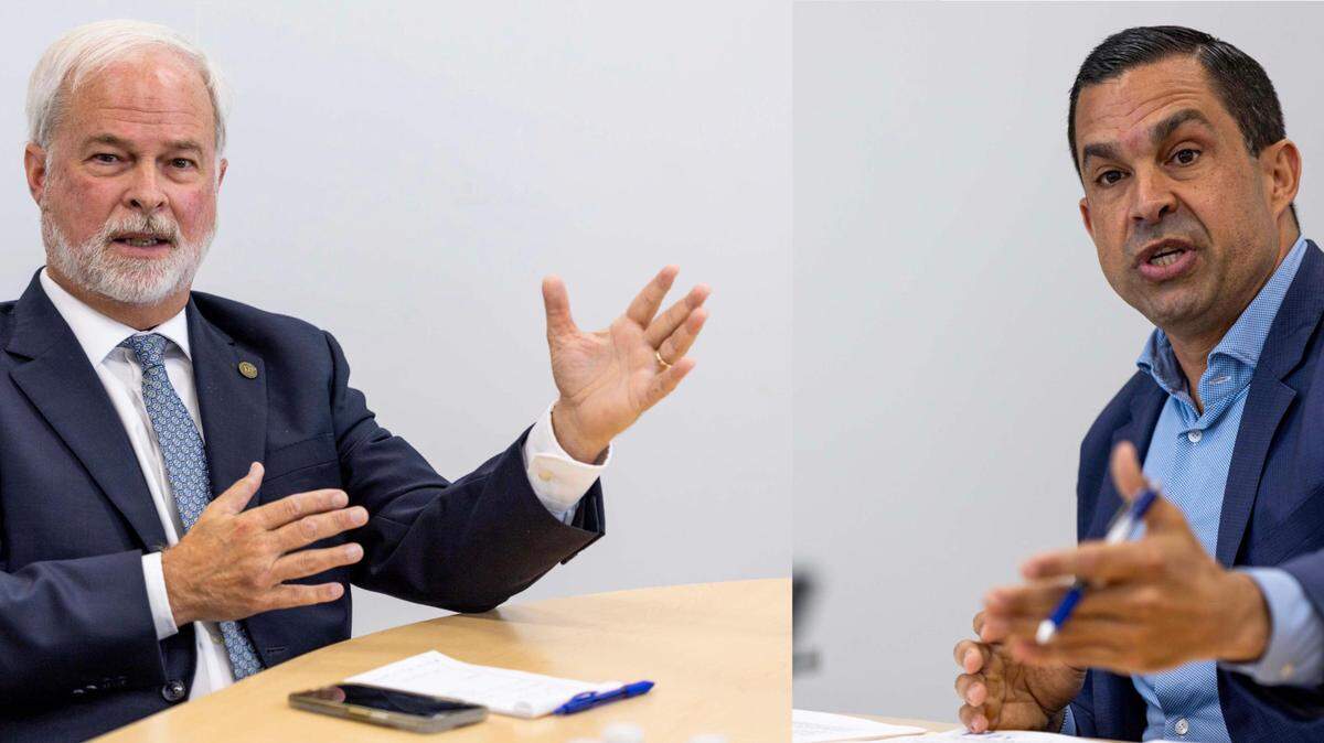 El comisionado de Coral Gables Kirk Menéndez, a la izquierda, y el alcalde Vince Lago, a la derecha, se enfrentarán en las elecciones del 8 de abril de 2025.