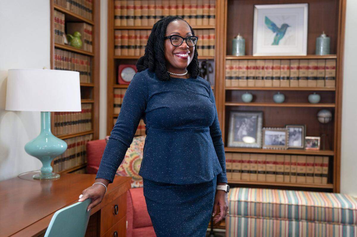 Judge Ketanji Brown Jackson, who is a U.S. Circuit Judge on the U.S. Court of Appeals for the District of Columbia Circuit, poses for a portrait, Friday, Feb., 18, 2022, in her office at the court in Washington. President Joe Biden on Friday nominated federal appeals court Judge Ketanji Brown Jackson to the U.S. Supreme Court, making her the first Black woman selected to serve on a court that once declared her race unworthy of citizenship and endorsed segregation. (AP Photo/Jacquelyn Martin)
