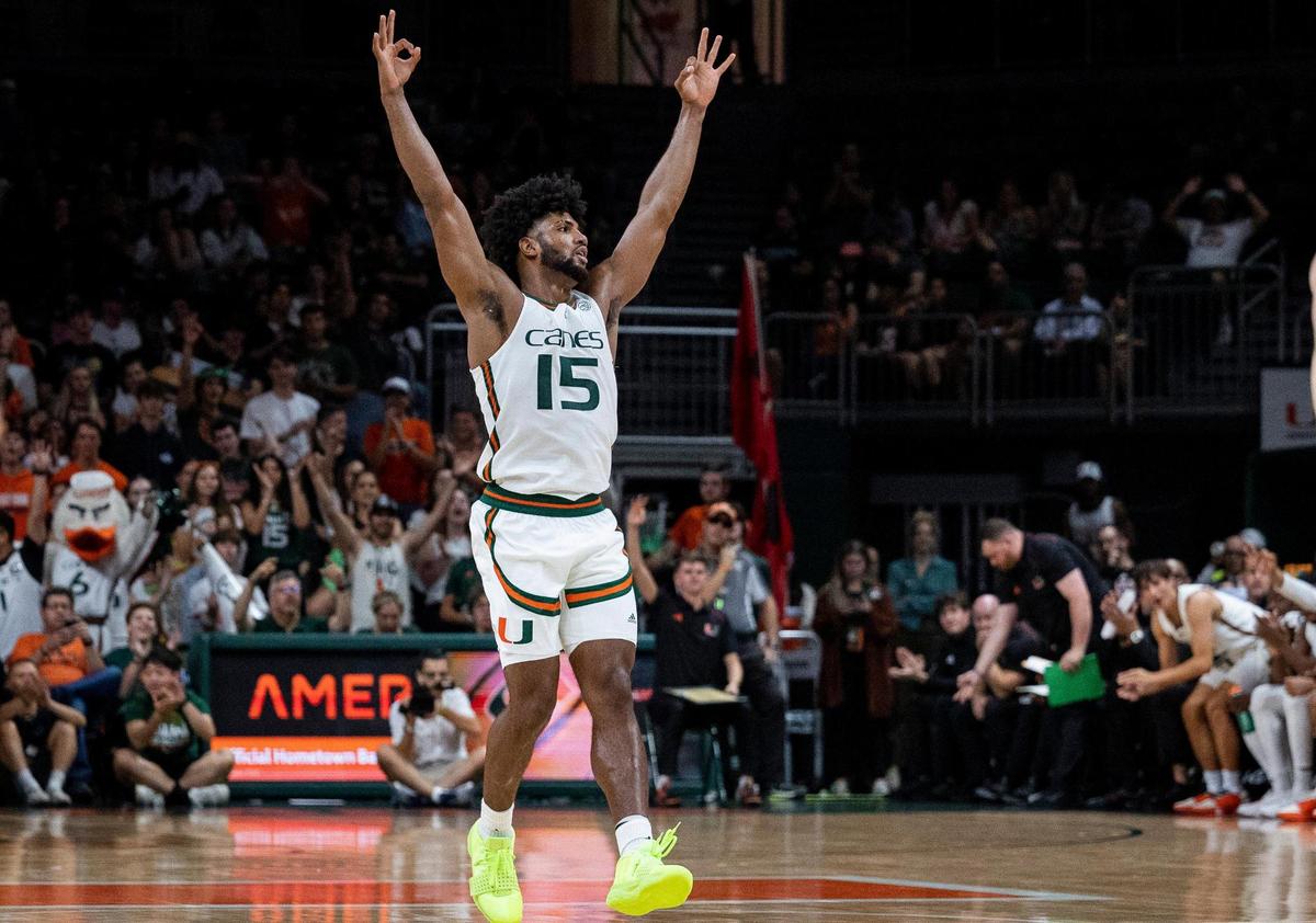 Miami Hurricanes forward Norchad Omier (15) reacts to a shot during the first half of the Miami Hurricanes home opener against NJIT on Monday, Nov. 6, 2023, at the Watsco Center in Coral Gables.