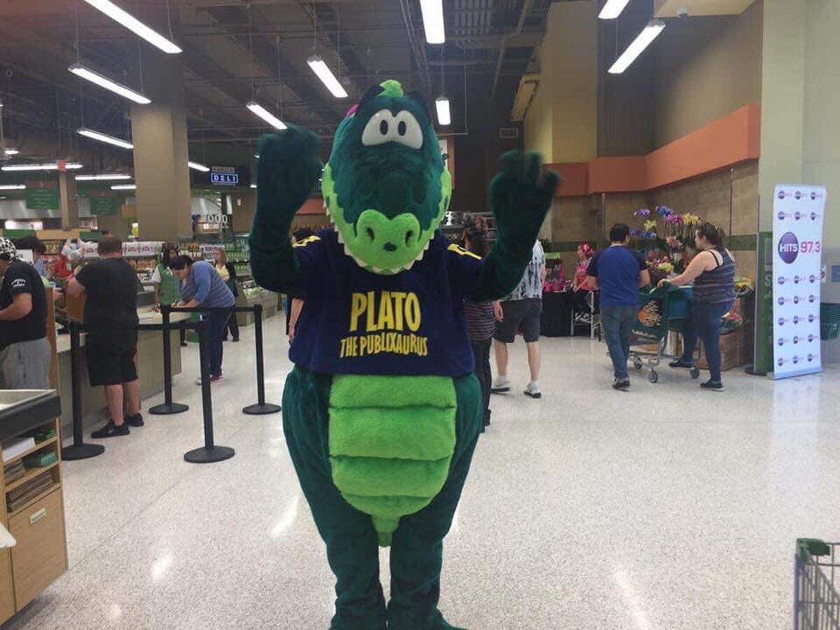 Plato the Publixaurus, the green and teal Publix dinosaur mascot