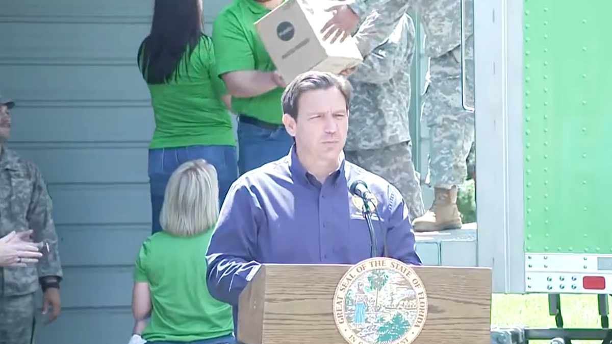 Florida Gov. Ron DeSantis speaks during a press conference in Yankeetown on Sept. 3, 2023. Most of clients have had their power restored after Hurricane Idalia made landfall in the region on Aug. 29.