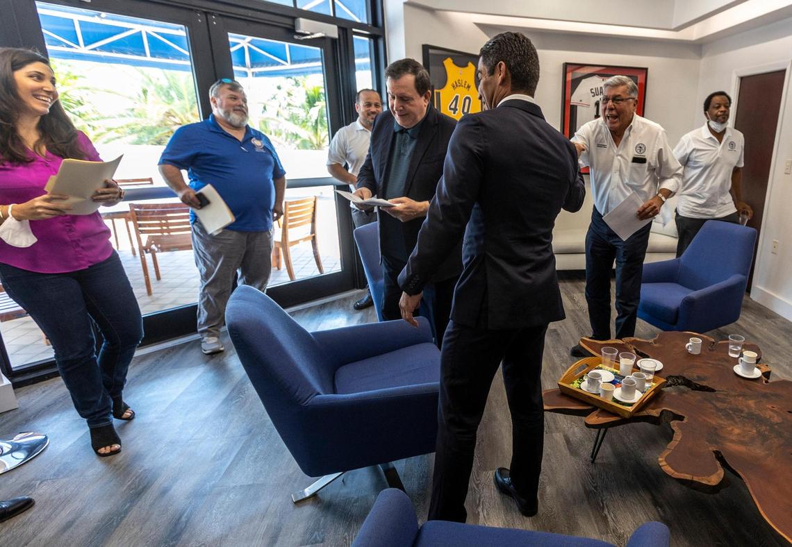 Miami Mayor Francis Suarez meets with City commissioners in his office prior to a press conference where he announced a spending plan for $137 million in federal pandemic relief. The day before, commissioners approved a plan negotiated by Suarez that steered dollars to projects sponsored by each commissioner. The funds come from the $1.9 trillion economic stimulus bill known as the American Rescue Plan.