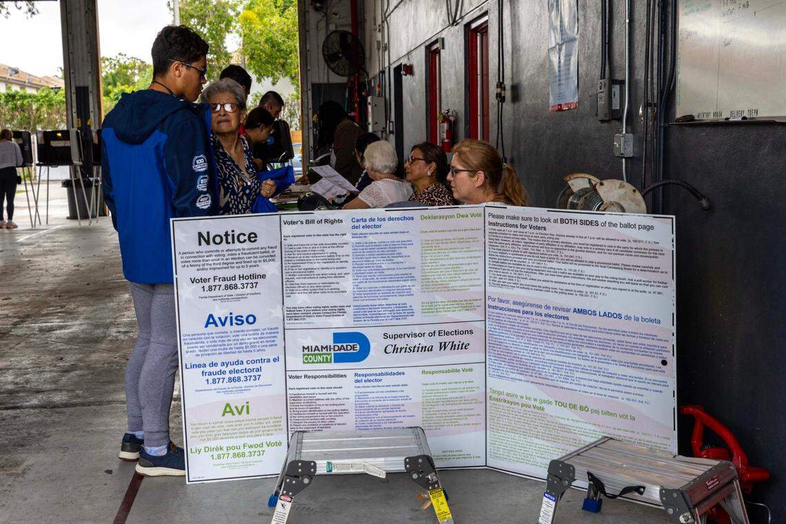 Voters speak with poll workers to receive their ballots during Election Day 2024 at Miami-Dade County Fire Station #56 on Tuesday, November 5, 2024, in Miami, Fla.