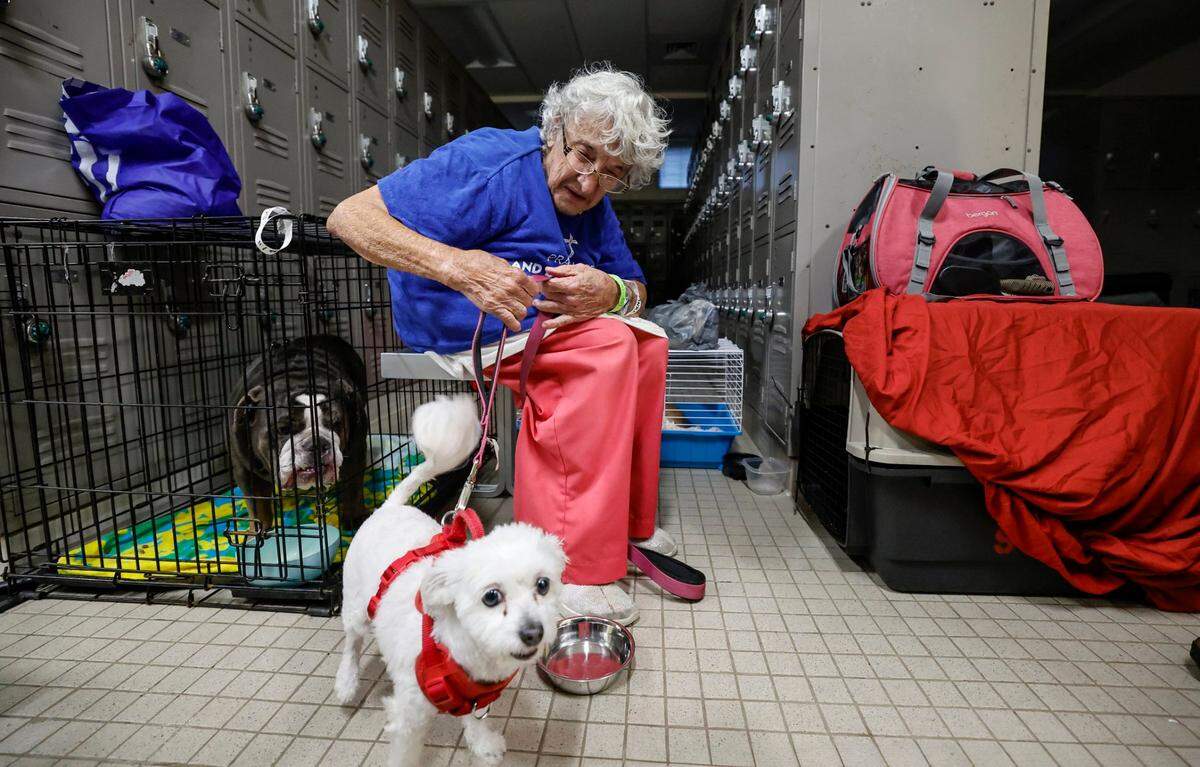 Evacuee Marie Portulano, with her her dog Pinky, at a hurricane shelter in Brookside Middle School in Sarasota, Florida on Wednesday, October 9, 2024.