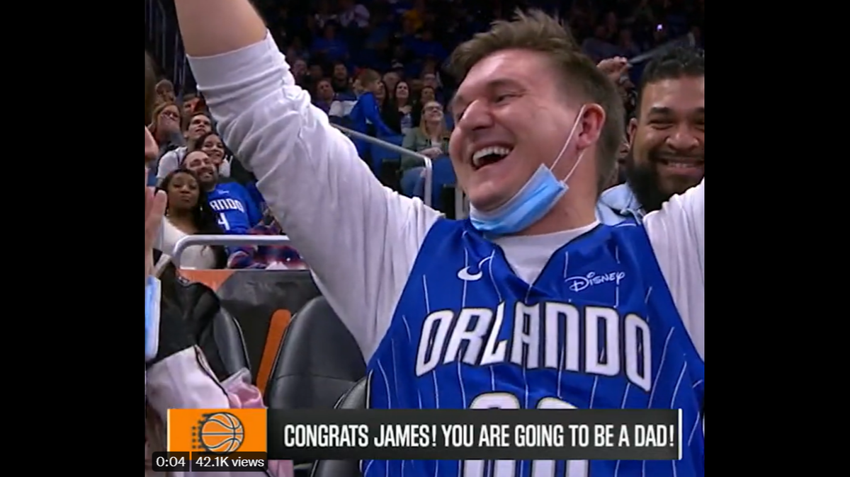 James Baily learned his wife was pregnant on a kiss-cam at a Orlando Magic basketball game. ORLANDO MAGIC TWITTER SCREENGRAB