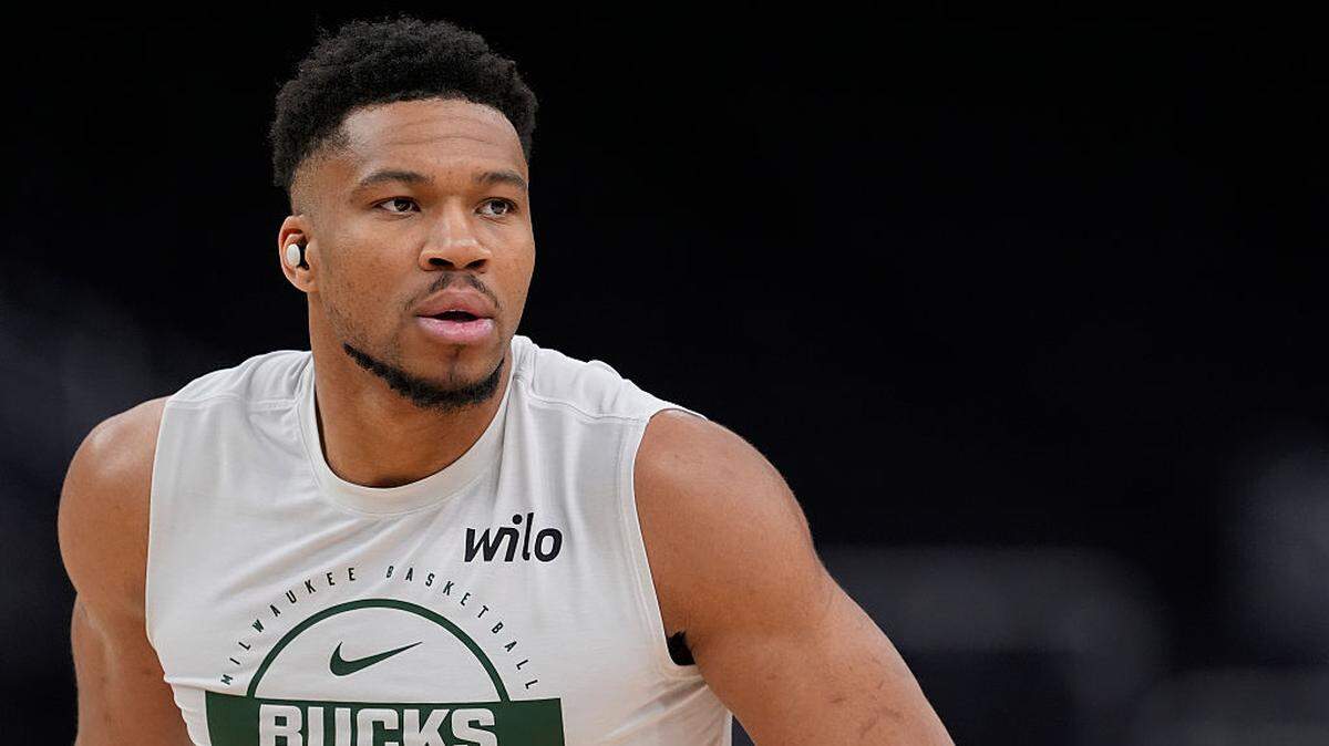 Giannis Antetokounmpo #34 of the Milwaukee Bucks works out before the game against the Boston Celtics at Fiserv Forum on March 02, 2026 in Milwaukee, Wisconsin.