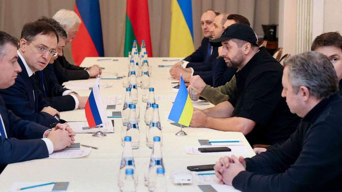 Vladimir Medinsky, the head of the Russian delegation, second from left, and Davyd Arakhamia, faction leader of the Servant of the People party in the Ukrainian Parliament, third from right, attend the peace talks in Gomel region, Belarus, on Feb. 28.