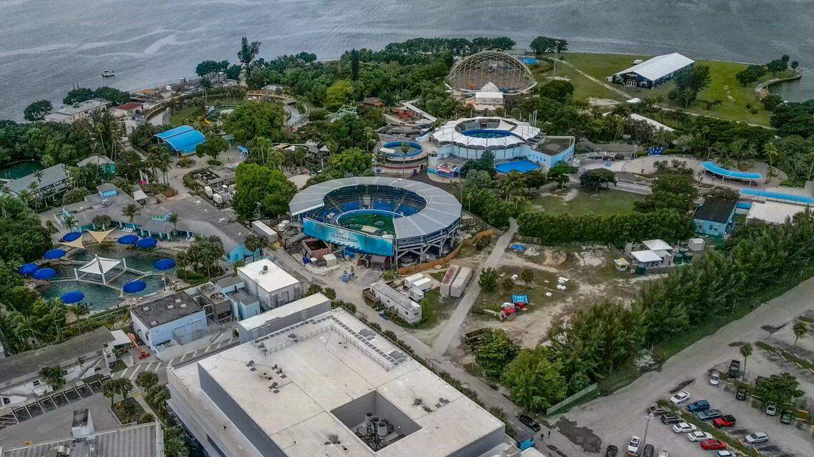 An aerial view of the Miami Seaquarium from August 2023. The marine-theme attraction operates under a lease with Miami-Dade County for the government-owned waterfront in Miami. It remains open during bankruptcy proceedings, but developers are pursuing a potential deal with the Seaquarium’s parent company to potentially take over the county-owned site. 