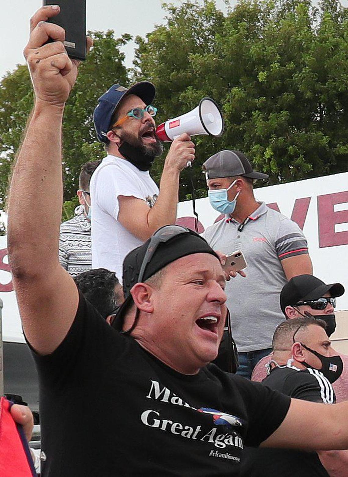 Cuban Influencer Alex Otaola, speaks during rally at Versailles Restaurant in Miami in support of Cuban artists arrested in by the Cuban government on Saturday, November 28, 2020.