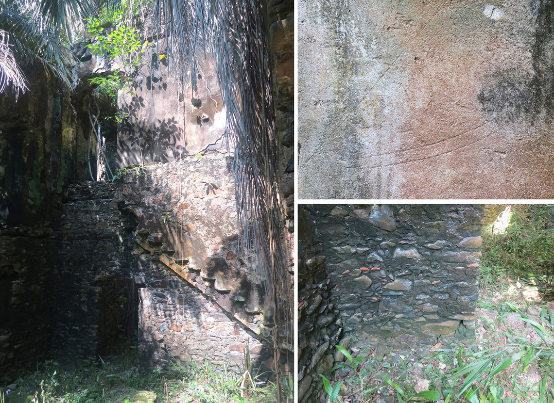 Left: A wall of the Praia Melão estate with steps to the upper floor. Lower right: Burn marks on a wall of the estate. Upper right: Graffiti at the estate.
