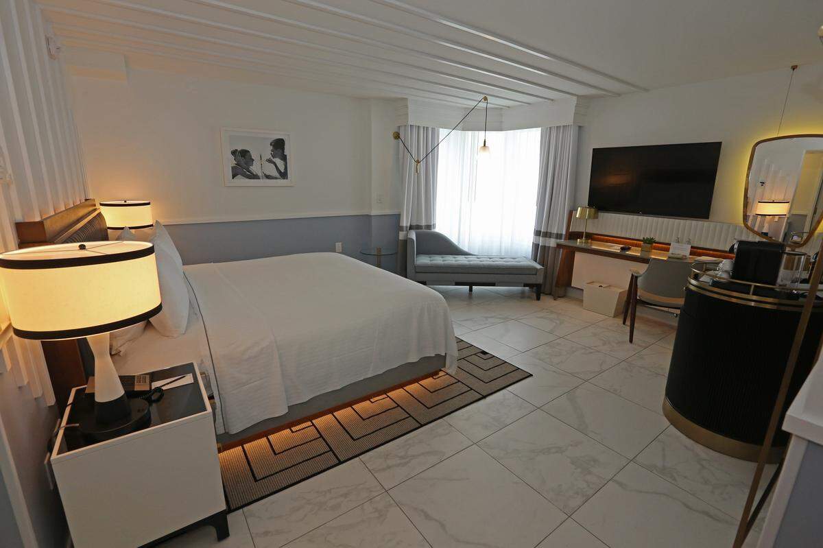 A suite with a city-facing view at the recently renovated Cadillac Hotel and Beach Club, at 3925 Collins Ave in Miami Beach.