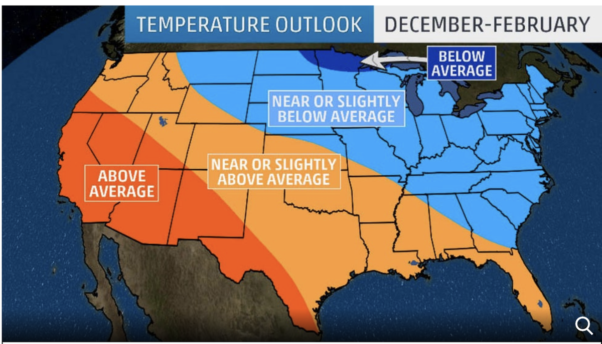 The December 2019 through February 2020 temperature outlook from The Weather Company as reported by The Weather Channel.