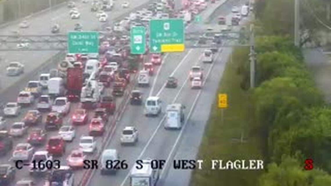 The southbound Palmetto Expressway traffic at Southwest Second Street from a major crash near the Coral Way (Southwest 24th Street) exit.