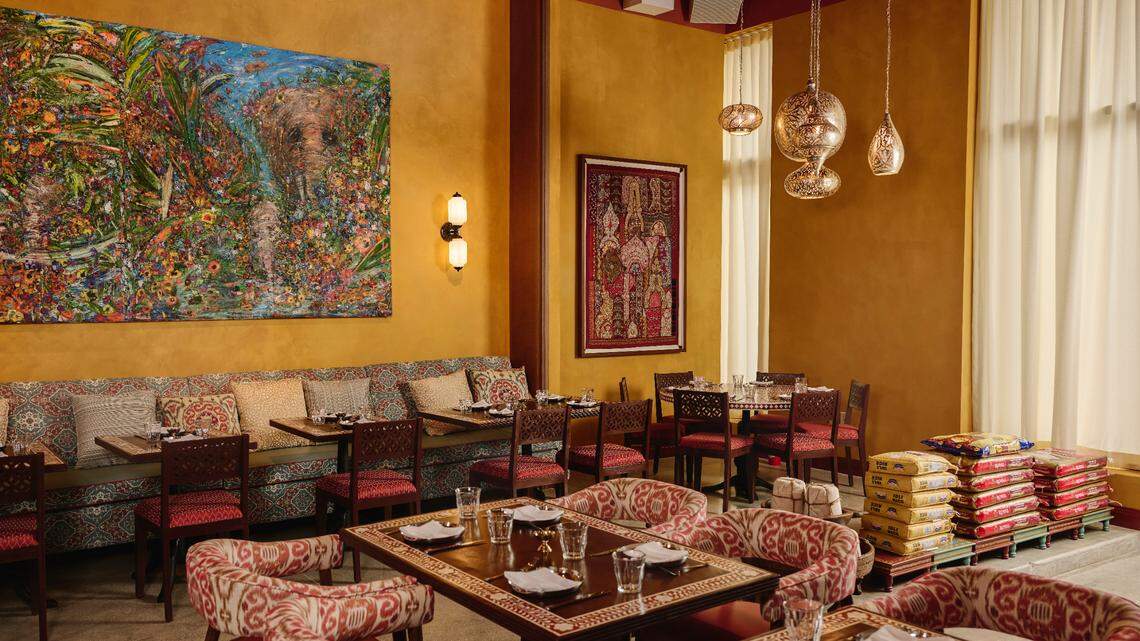 The dining room at the new Ghee Indian Kitchen in Wynwood, from Chef Niven Patel and Mohamed Alkassar of Feal Hospitality.