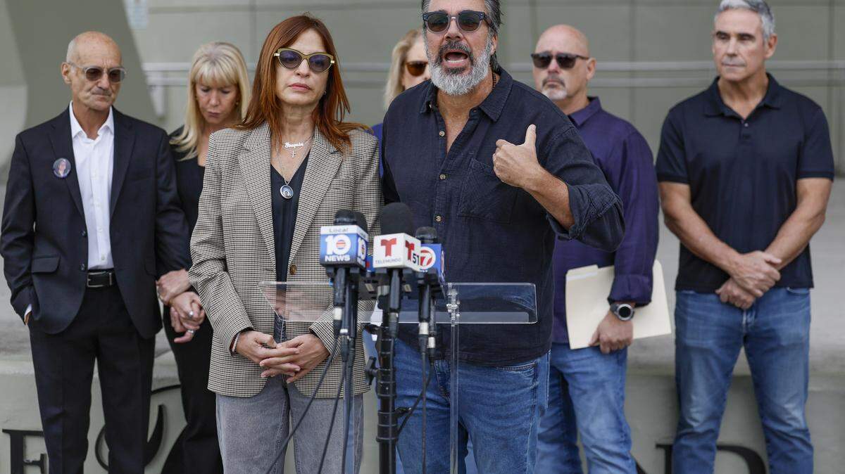 Manuel and Patricia Oliver, the parents of Joaguin Oliver, speak as the families of students killed during the Marjory Stoneman Douglas High School shooting hold a press conference at Pine Trails Park Amphitheater in Parkland, Florida on Thursday, February 5, 2026. They addressed legislation, Broward Sherriff's office and the eight years since the mass shooting occurred when 19-year-old Nikolas Cruz opened fire on students and staff.