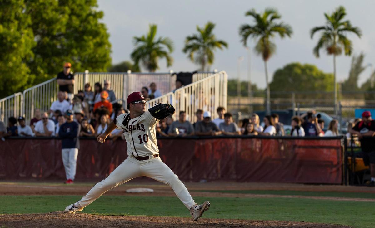 Marjory Stoneman Douglas’ pitcher Christian Rodriguez (10) pitches against Christopher Columbus in the fourth inning of their Region 4-7A baseball game final at Anthony Rizzo Field on Tuesday, May 16, 2023, in Parkland, Fla.