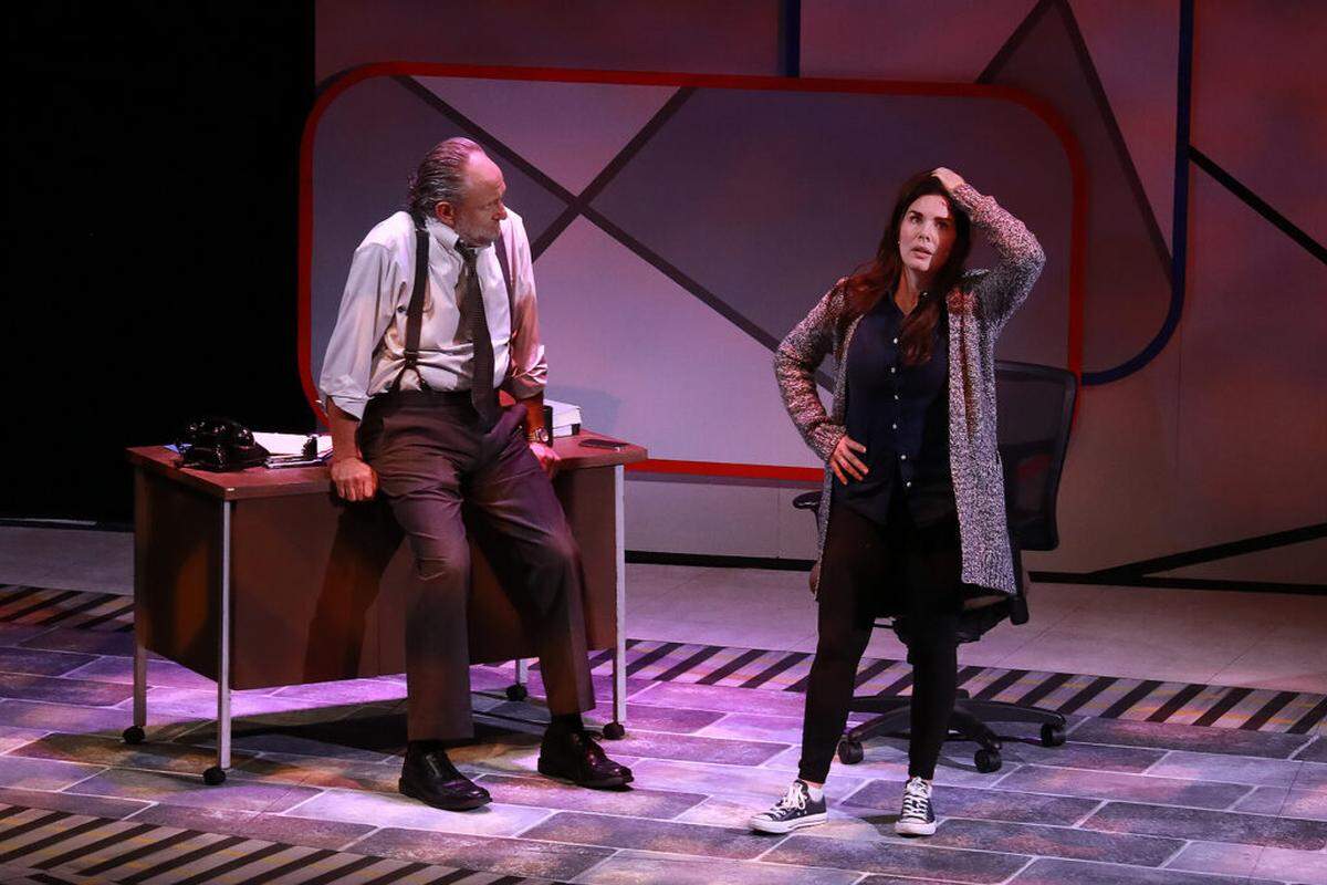 Detective Gaskill (Gregg Weiner) questions Rachel Watson (Gaby Tortoledo) in“The Girl On The Train” at Actors’ Playhouse at the Miracle Theatre.