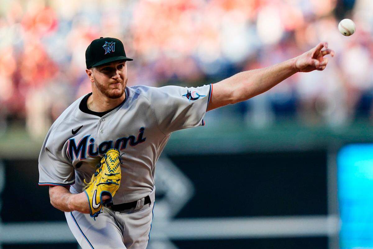 Miami Marlins’ Trevor Rogers pitches during the first inning of the team’s baseball game against the Philadelphia Phillies, Tuesday, June 14, 2022, in Philadelphia.