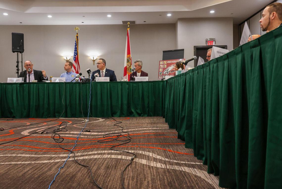 Fred Guttenberg, left, gives his remarks as U.S. Secretary of Education Miguel Cardona, center, participated in a round table with parents of victims of the mass shooting by the invitation of U.S. Congressman Jared Moskowitz regarding school safety and mental health after visiting Marjory Stoneman Douglas High School on Monday, January 22, 2024, in Parkland, Florida.