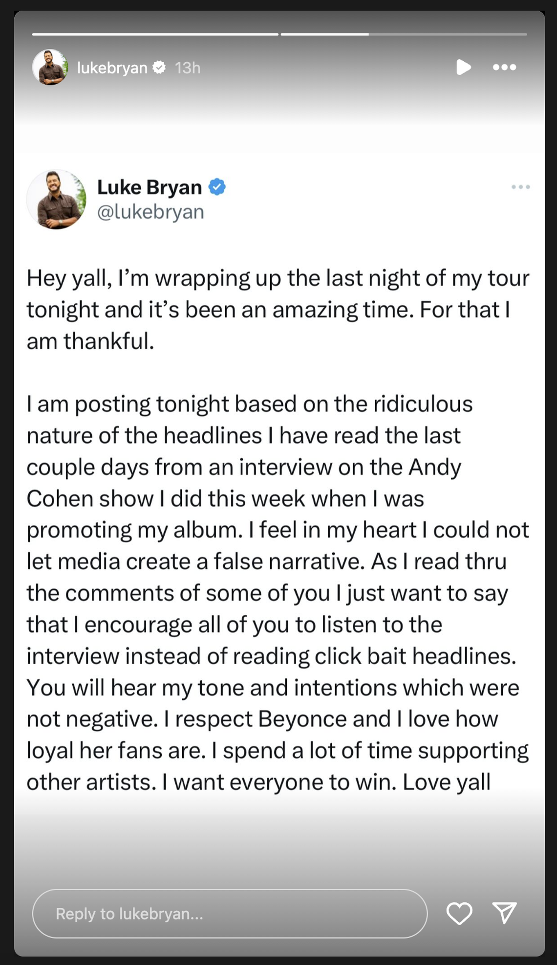 Luke Bryan clarifies his statements on Beyoncé