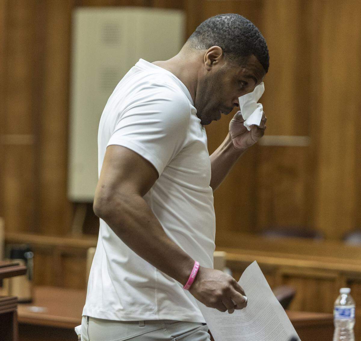 Miami, FL, October 28, 2025 - An emotional Earl Little, a friend of Marlin Barnes, walks out of the courtroom after reading his impact statement to jurors. Jurors will decide if Labrant Dennis, convicted of fatally bludgeoning his ex-girlfriend Timwanika Lumpkins and Barnes, a UM football player Lumpkins was seeing at the time of their 1996 murders, will be sent back to Florida’s Death Row.