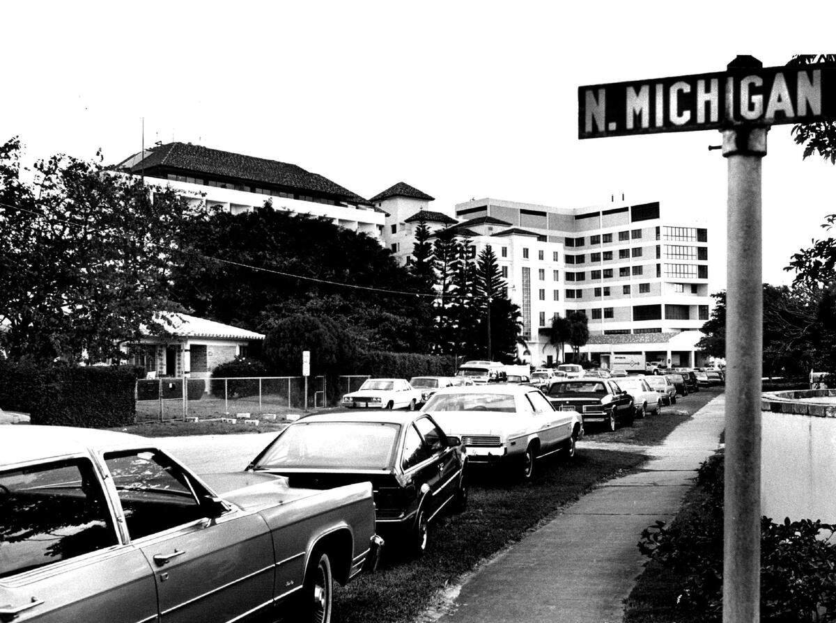 A parking crunch at Miami Heart Institute in Miami Beach in 1985. The hospital is now a residential complex.