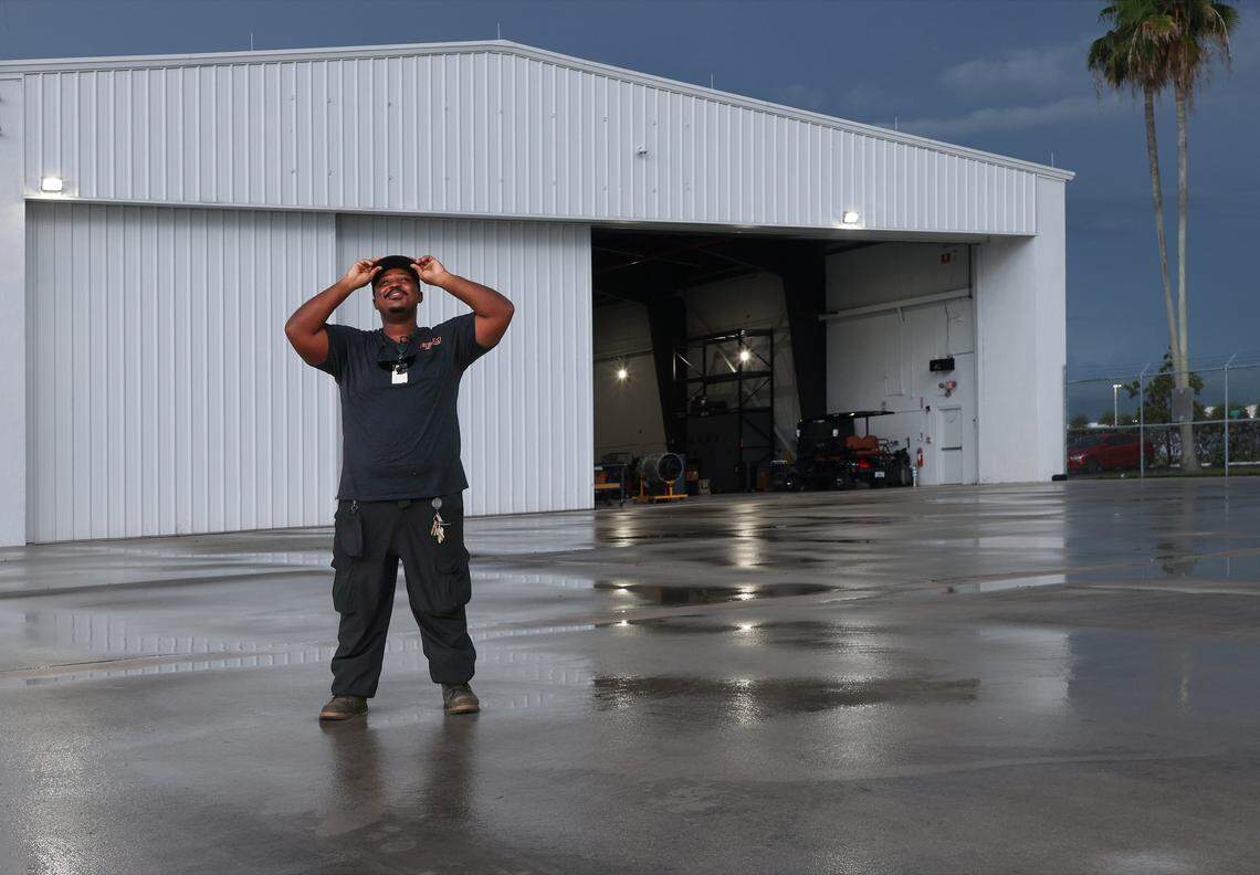 Enocch Marshall takes in the transition from uncertainty to a career in aviation technology after enrolling in a job training program on Thursday, September 11, 2025 at Bitts in Opa-Locka, Florida.