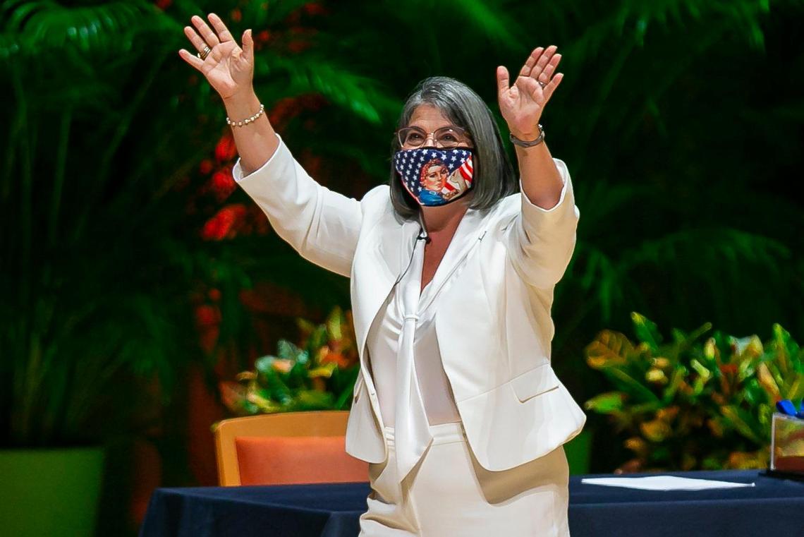 Newly elected Miami-Dade Mayor Daniella Levine Cava waves after speaking at her swearing-in ceremony inside the Knight Concert Hall at the Adrienne Arsht Center for the Performing Arts in downtown Miami on Tuesday, November 17, 2020.