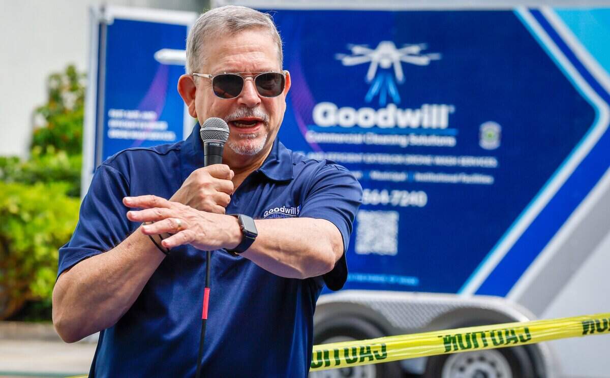 David Landsberg, President & CEO Goodwill Industries of South Florida hosts a drone demo day, at Goodwill, showcasing their aerial drone wash services for cleaning windows and walls on buildings and skyscrapers on Wednesday, July 15, 2026, in Miami, Florida.