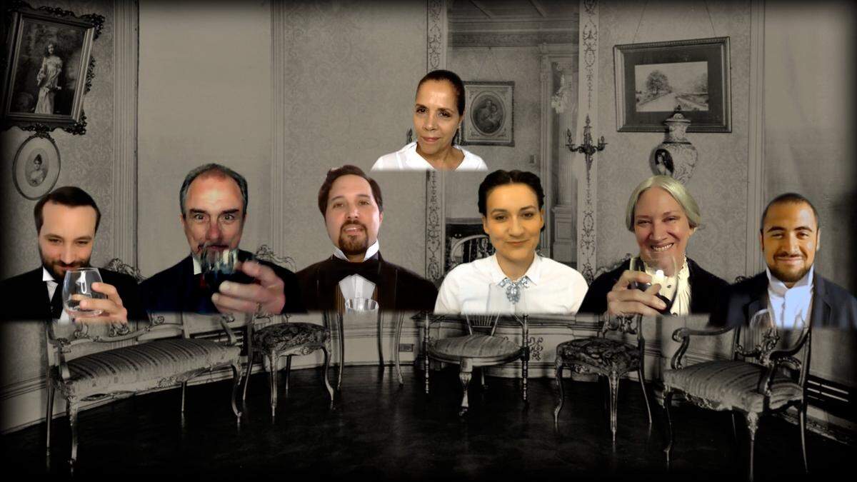 During the pandemic, actors in What If Works presented Les Standiford’s “The Man Who Invented Christmas” in virtual performances. From left: Ivan Lopez, Stephen Neal, Charles Dickens, Madelin Marchant, Pia Vicioso-Villa, Margaret Rickie and JC Guttierez. Now the play will be back on stage at the Homestead Center for the Arts Dec. 5. Admission is a donation to Feeding South Florida. Photo courtesy of What If Works