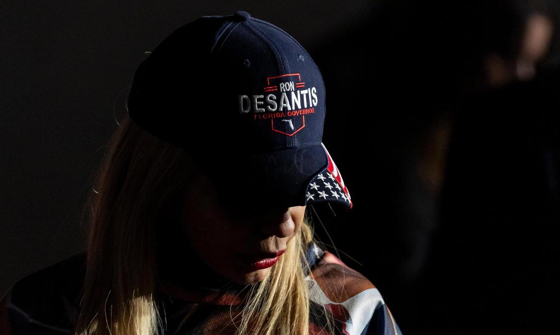 Florida Governor Ron DeSantis supporter Faustina Guzman-Trump attends a caucus watch party at the Sheraton West Des Moines Hotel on Monday, Jan. 15, 2024, in West Des Moines, Iowa.