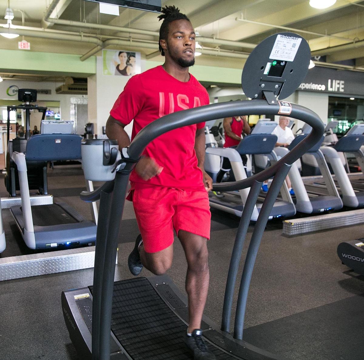 Malik Bryant, a rugby player and rising junior at Florida International University, recently qualified to compete in Denver to be part of TEAM USA. Here he works out on the treadmill before working out at 24 Hour Fitness in Miramar on Aug. 9.