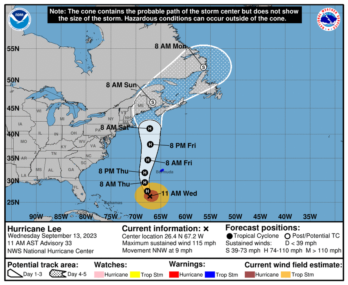 Hurricane Lee, a Category 3 storm, began its northern turn on Wednesday.