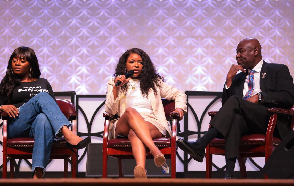 “The Republicans have decided that they are going to abdicate their duties,” Congresswoman Jasmine Crockett of Texas, center, said during The People’s Meetup Town Hall at the Antioch Missionary Baptist Church in Miami Gardens.
