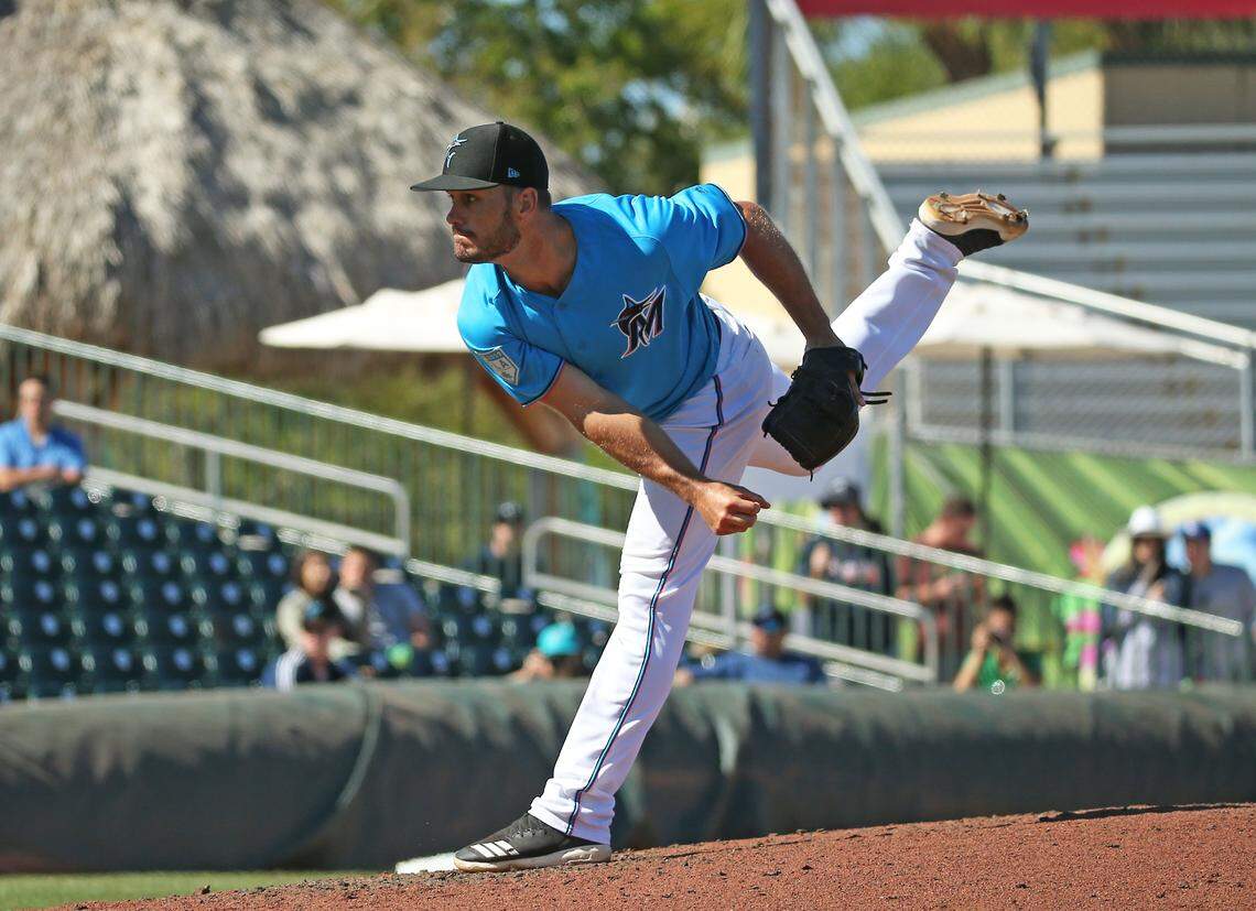 Miami Marlins pitcher Tyler Kinley (39) pitches during the sixth inning of a Major League Baseball spring training game against the Atlanta Braves at the Roger Dean Chevrolet Stadium on Wednesday, March 6, 2019 in Jupiter, FL.