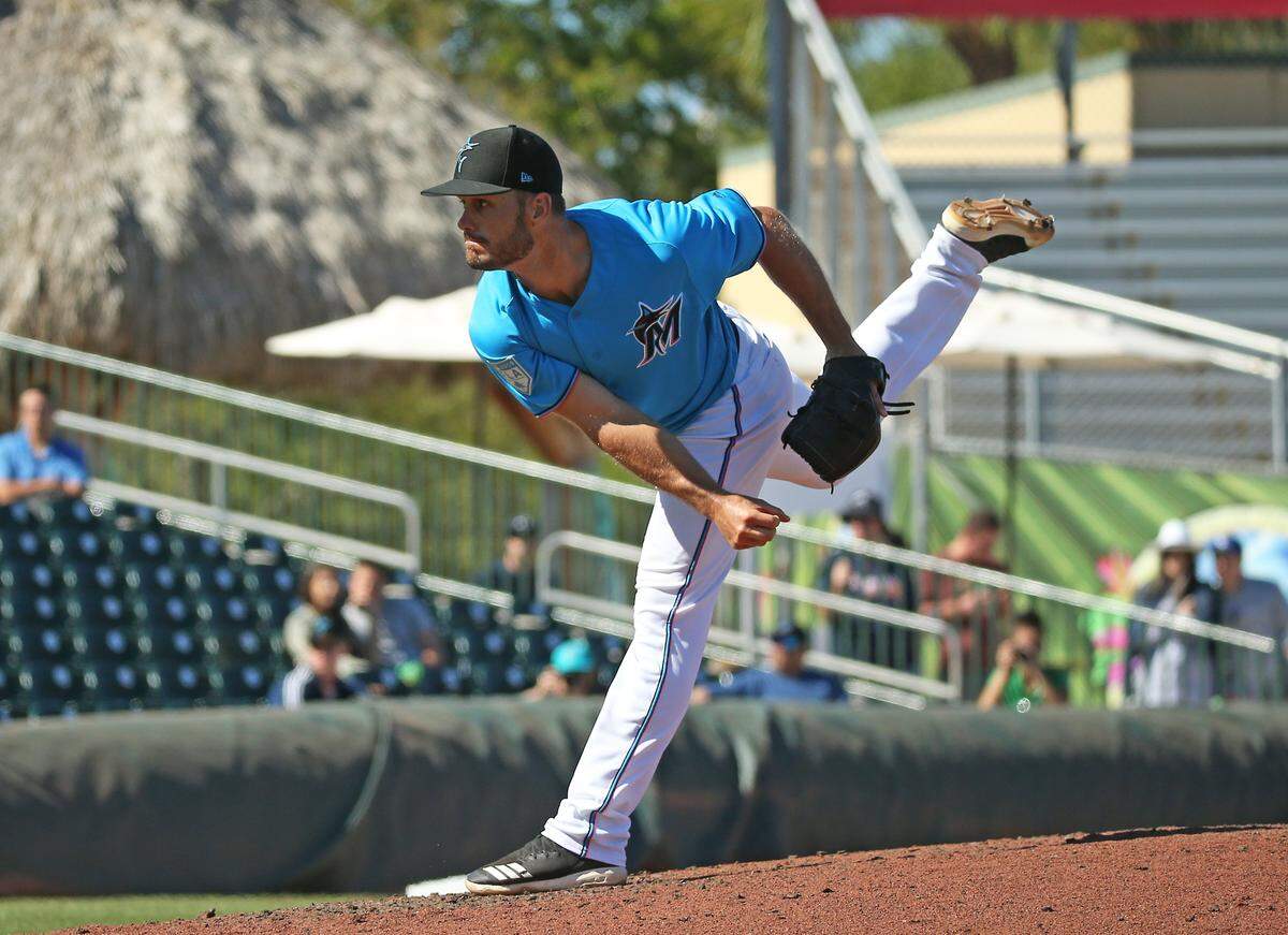 Miami Marlins pitcher Tyler Kinley (39) pitches during the sixth inning of a Major League Baseball spring training game against the Atlanta Braves at the Roger Dean Chevrolet Stadium on Wednesday, March 6, 2019 in Jupiter, FL.