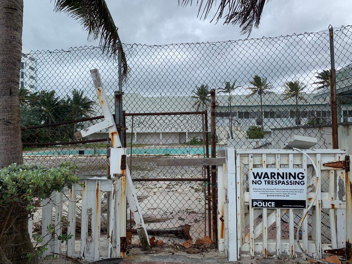 A view of the east-facing pool area of the Deauville Beach Resort in Miami Beach on March 10, 2021. The hotel, famous for hosting the Beatles in 1964 when the band performed on “The Ed Sullivan Show,” has been closed since 2017. The city of Miami Beach sued the hotel owners for failing to maintain the historic building.